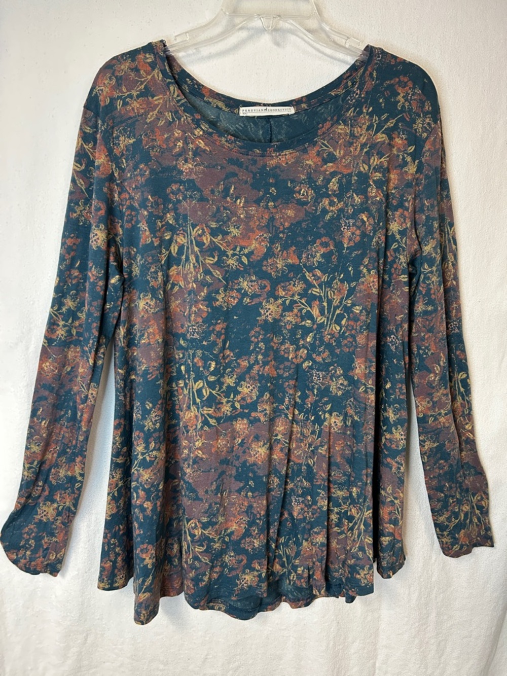 Peruvian Connection Women’s Teal Floral Long-Sleeve Swing Top Size L